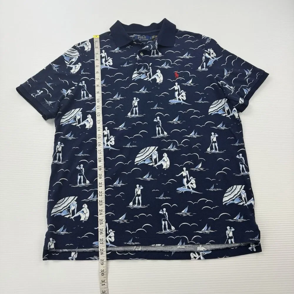 Polo Ralph Lauren Classic Fit Polo Shirt Surf Beach Print Navy Men’s Large L
